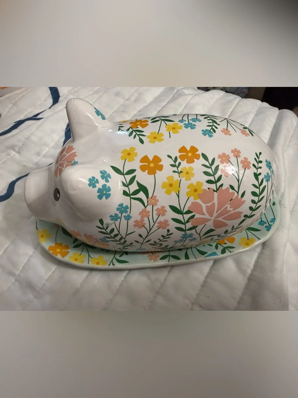 Floral Ceramic Butter Dish in White with Yellow, Pink & Aqua Flowers